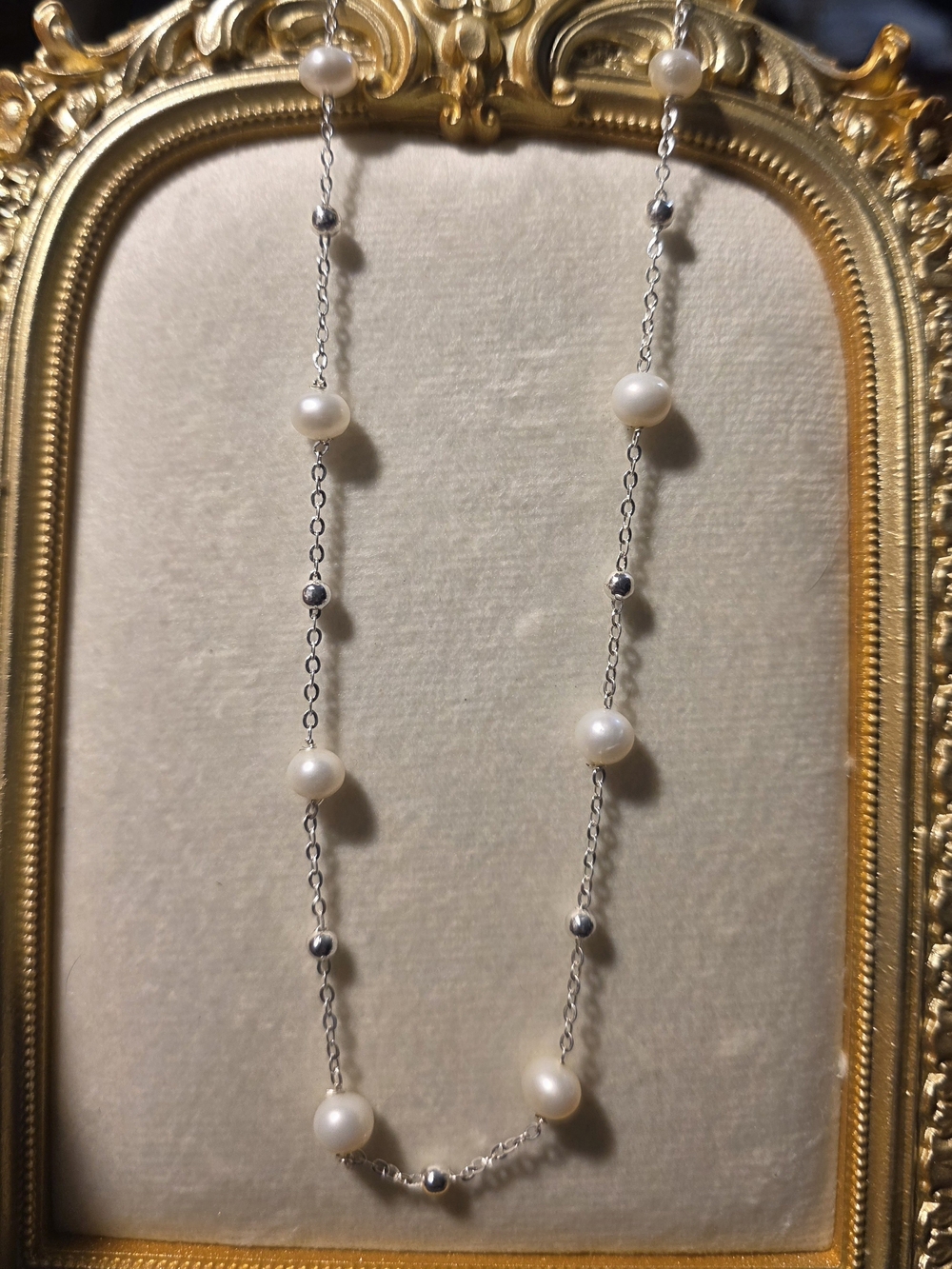 Sterling Silver Pearl Station Necklace - White Pearls